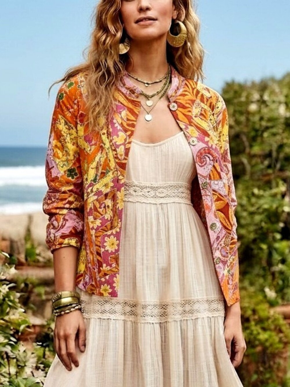 Sandy Starkman Vibrant Pink Orange Floral Button-Up Jacket